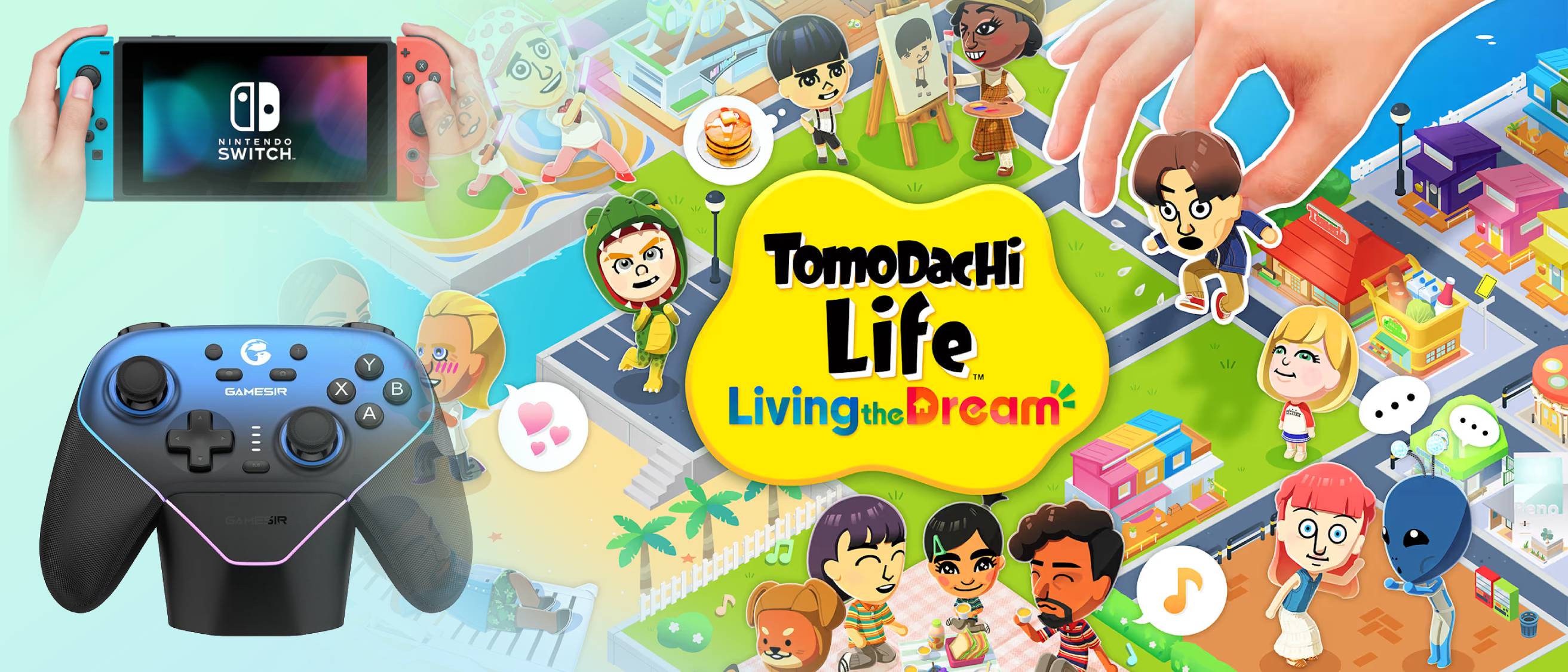 Tomodachi Life: Living the Dream promotional image, Nintendo Switch console, GameSir Super Nova wireless game controller