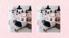 Two pictures of a bedroom decorated with pink Halloween decor