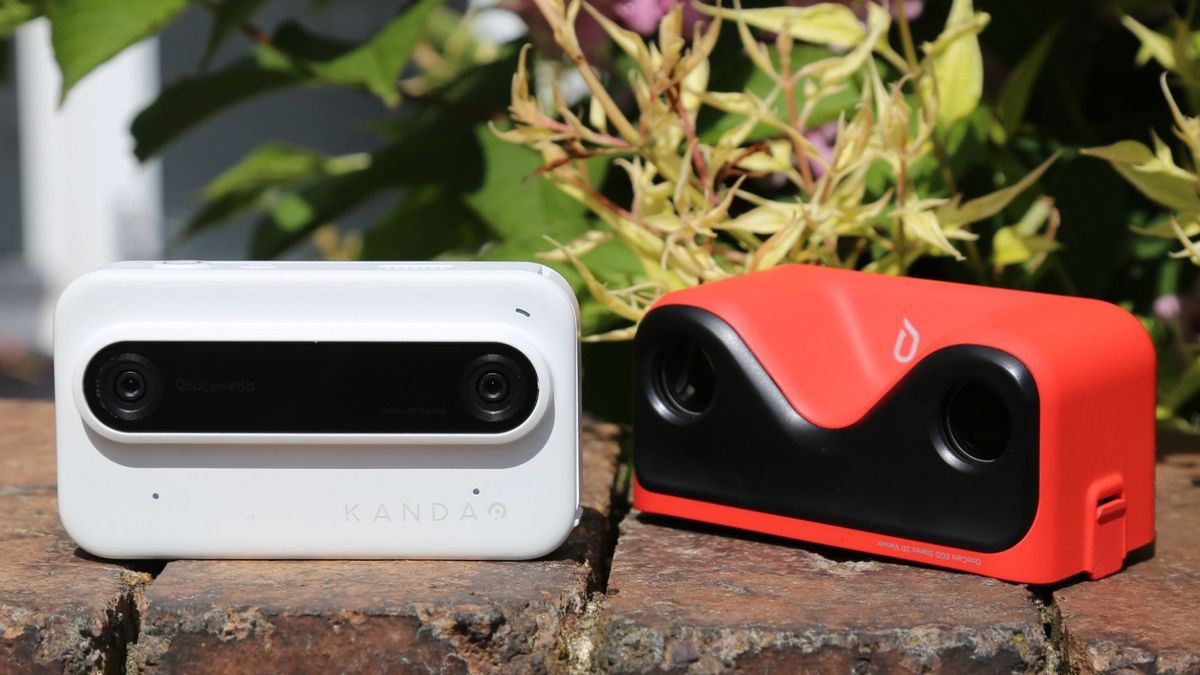 The Kandao Qoocam Ego 3D camera sat on a brick wall