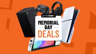 Memoral Day deals badge with PS5, Xbox Series X, Nintendo Switch, gaming headset, and controller on an orange background
