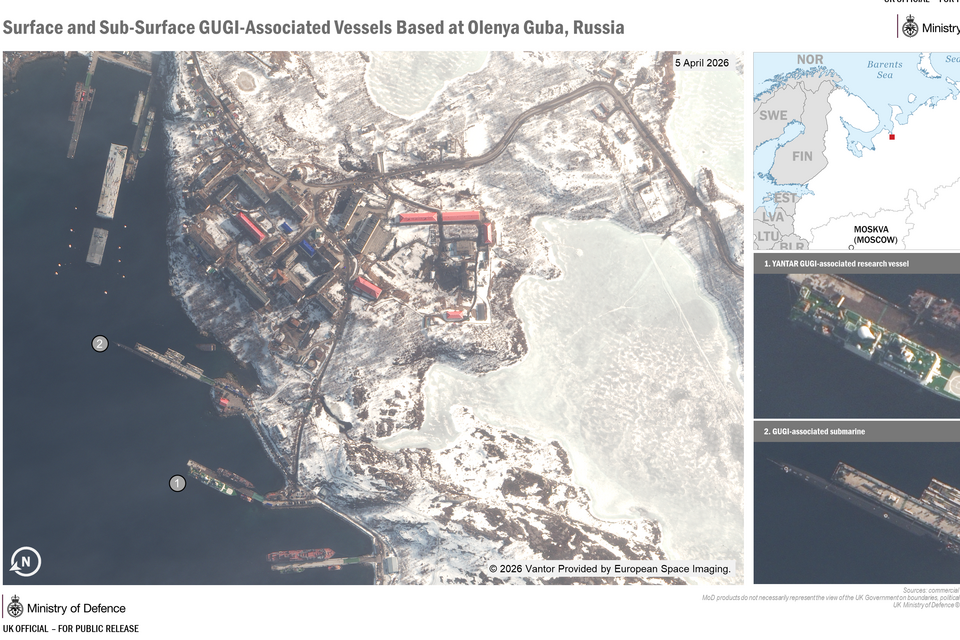Satellite imagery declassified by the UK Ministry of Defence showing the location of vessels at Olenya Guba in Russia.