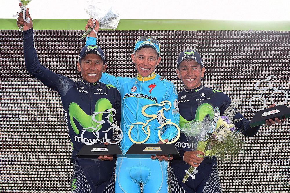 Nairo Quintana, Miguel Angel Lopez and Dayer Quintana on the stage 6 podium.