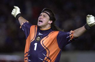 German Burgos celebrates an Argentina winner against Brazil in World Cup qualifying in September 2001.