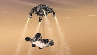 Artist's illustration of NASA's Mars rover Curiosity landing via sky crane in August 2012. NASA's Mars 2020 rover Perseverance will land in the same fashion on Feb. 18, 2021. 