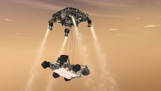 Artist's illustration of NASA's Mars rover Curiosity landing via sky crane on Aug. 5, 2012.