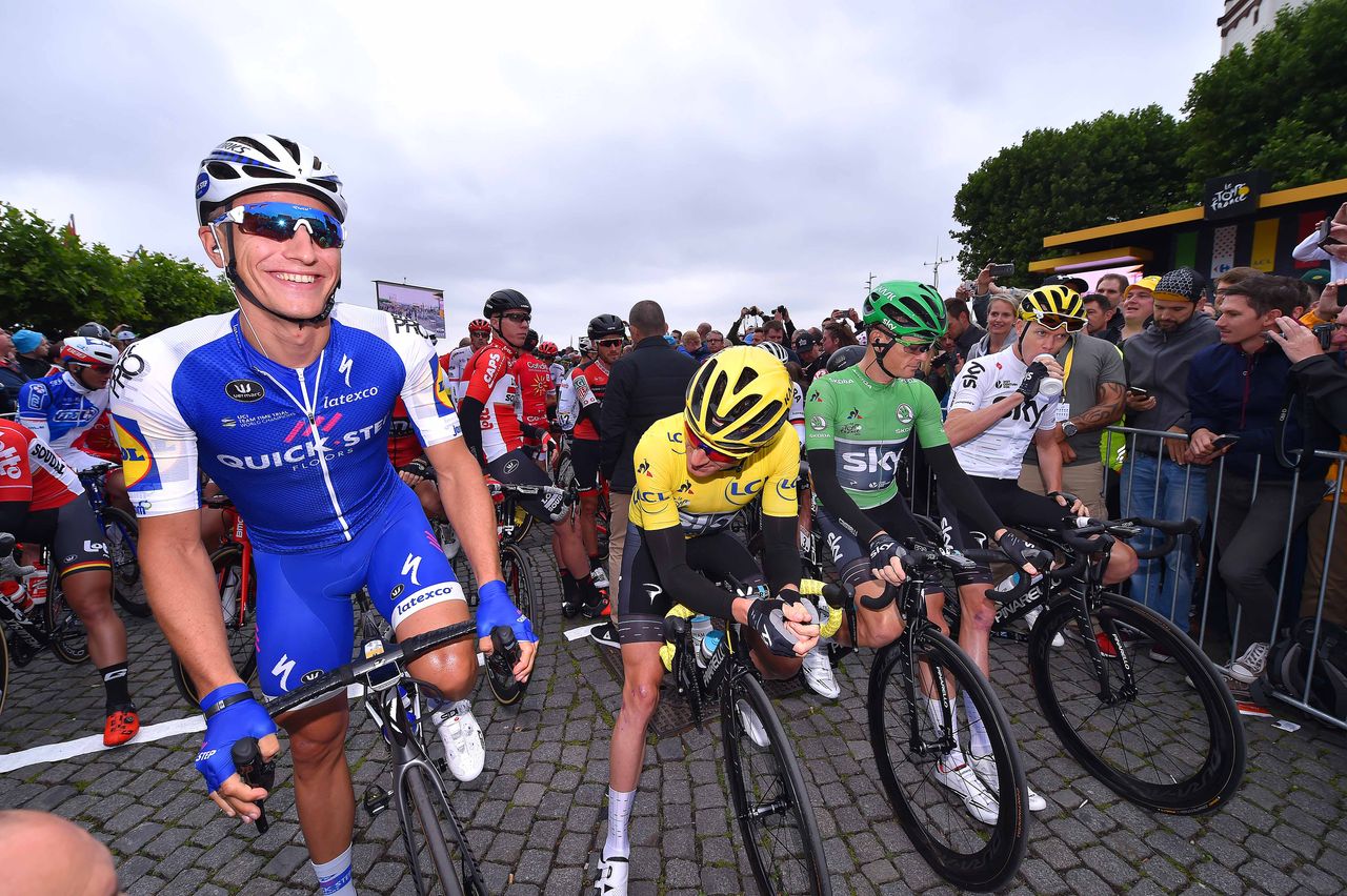 Tour de France jersey wearers and Marcel Kittel before stage 2