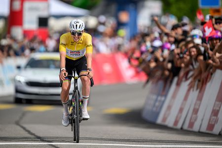 UAE Team Emirates-XRG's Slovenian rider Tadej Pogacar reacts as he crosses the finish line wining the fourth stage of the Tour of Romandie UCI cycling World tour, 149.6 km from Broc and to Charmey, in Charmey, Switzerland, on May, 2, 2026. (Photo by Fabrice COFFRINI / AFP)