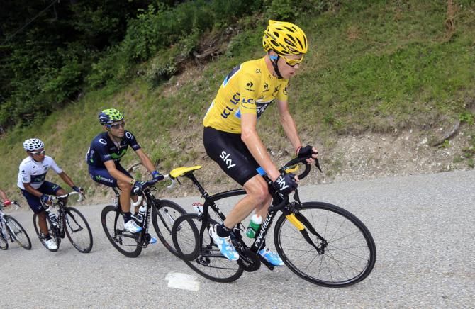 Chris Froome (Sky) leads Movistar teammates Alejandro Valverde and Nairo Quintana