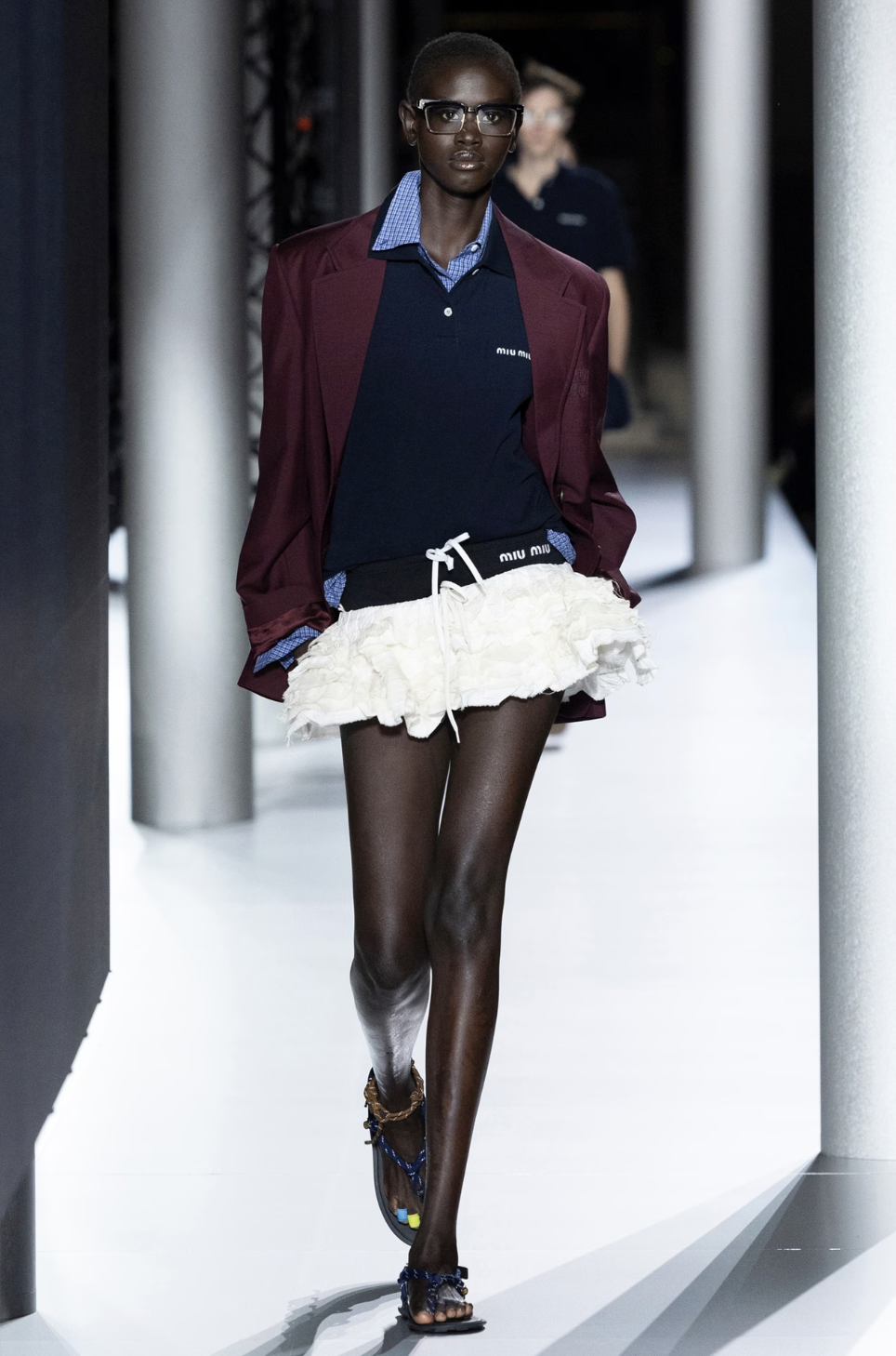 Miu Miu SS24 runway - ra ra skirt and burgundy blazer