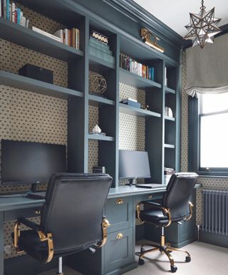A home office setup with open shelving