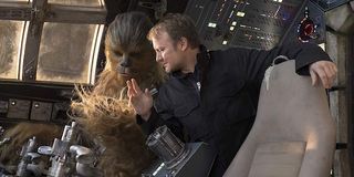 Rian Johnson with Chewbacca on Star Wars: The Last Jedi set