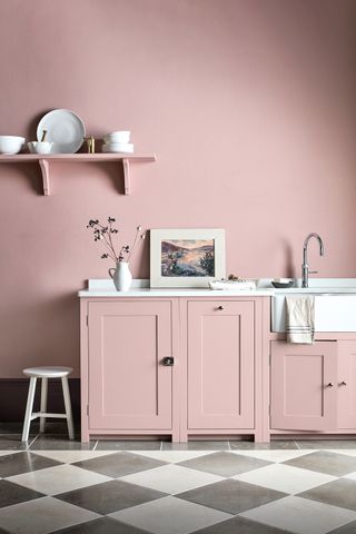 Rose pink kitchen by Neptune with chequerboard floor