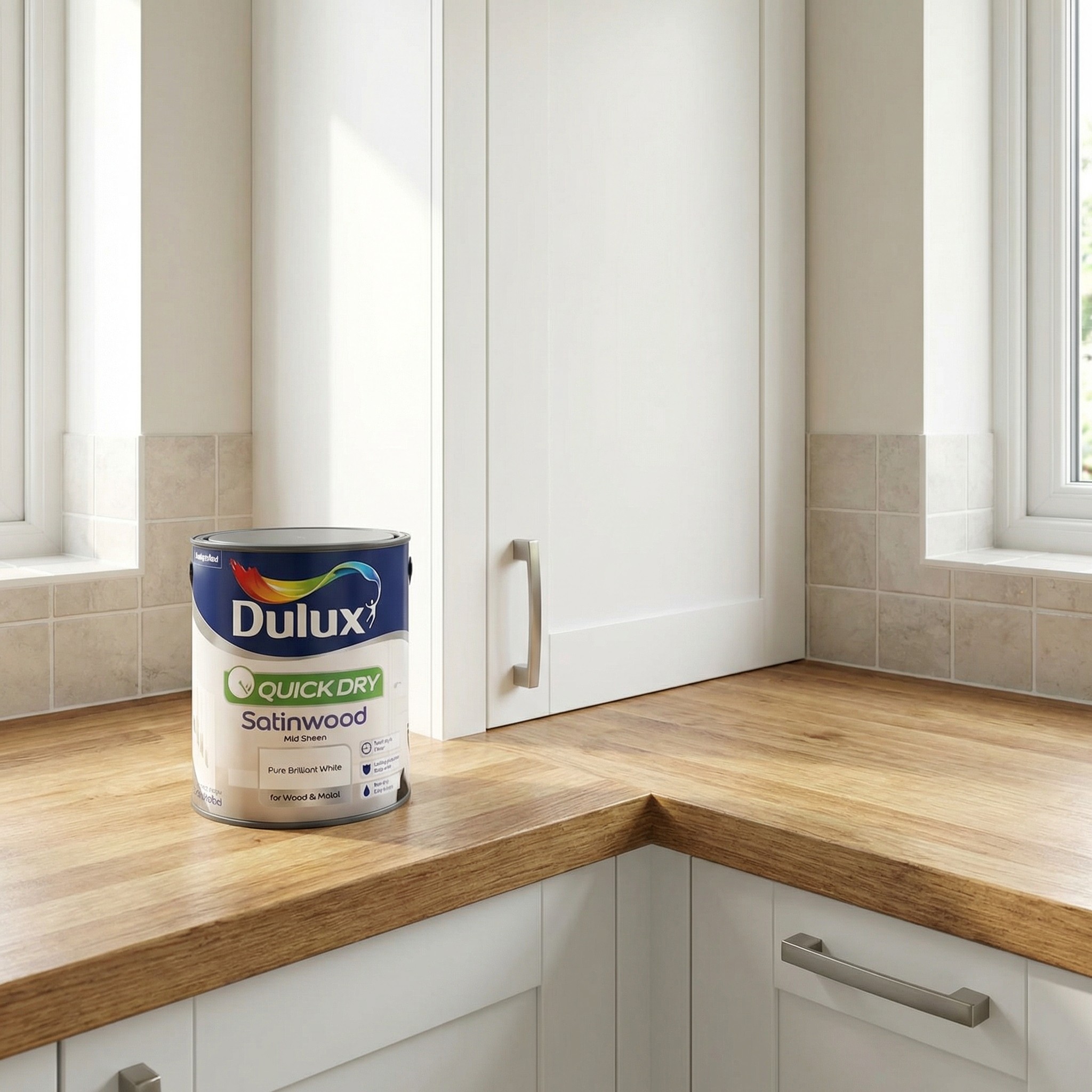 Dulux Quick Dry Satinwood on a wooden worktop next to a white kitchen cabinet
