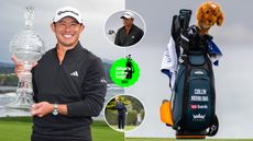 Collin Morikawa holds a trophy, with a close up of his golf bag and various clubs