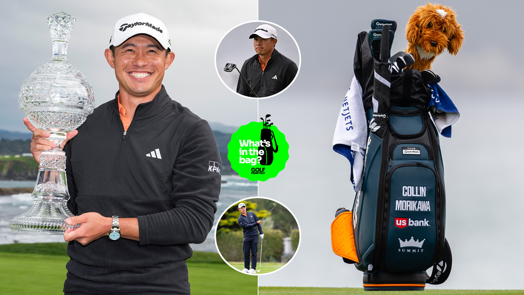 Collin Morikawa holds a trophy, with a close up of his golf bag and various clubs