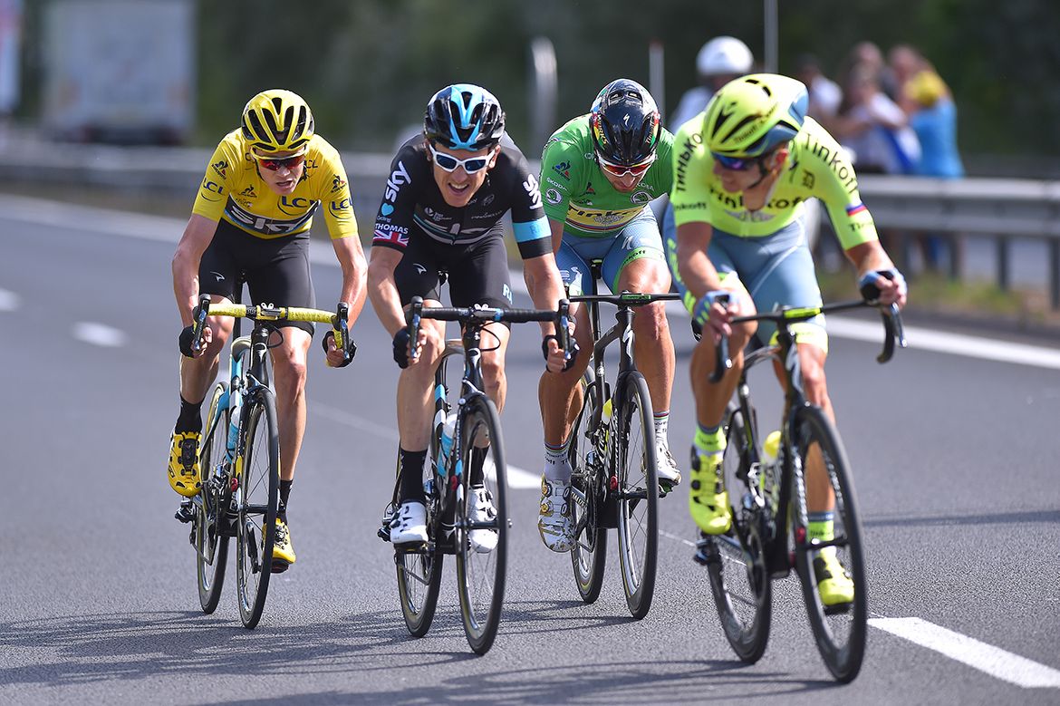 Sagan, Bodnar, Thomas and Froome split from the front of the race in the final kilometers