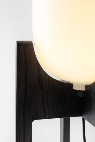 handblown glass floor lamp on solid wood base