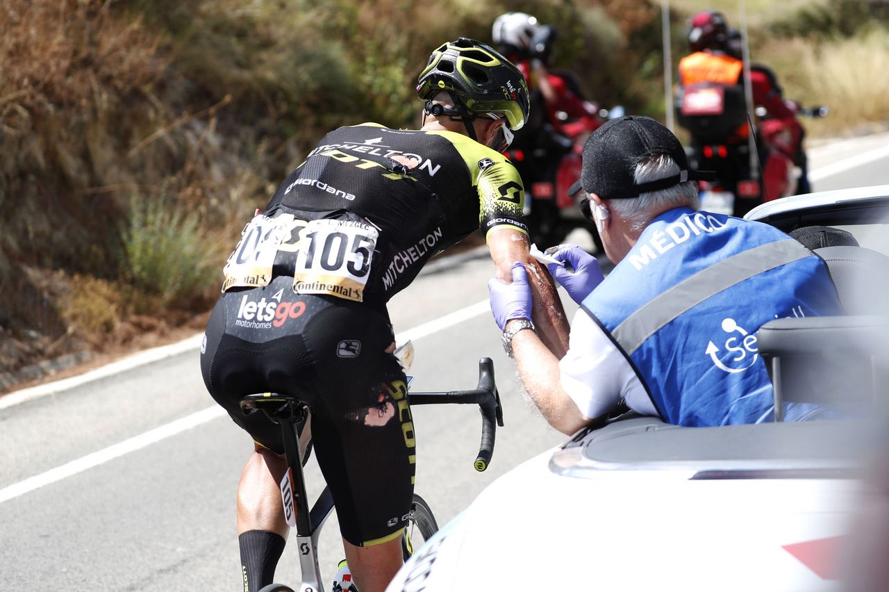 Luka Mezgec drops back for medical assistance after his crash