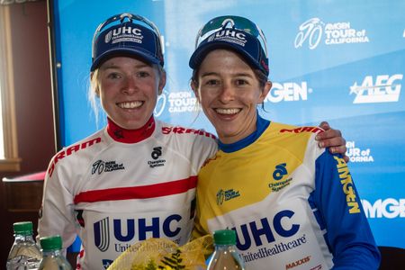 UnitedHealthcare Pro Cycling teammates Hannah Barnes and race leader Katie Hall happy after the stage