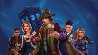 Three Doctors and two companions in front of the TARDIS
