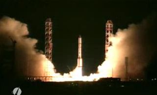 A Russian-built Proton rocket launches the new QuetzSat-1 satellite into orbit from Baikonur Cosmodrome on Sept. 30 (local time) in 2011 in this still from an International Launch Services broadcast.