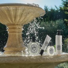 Diptyque summer collection products sitting on water fountain in garden