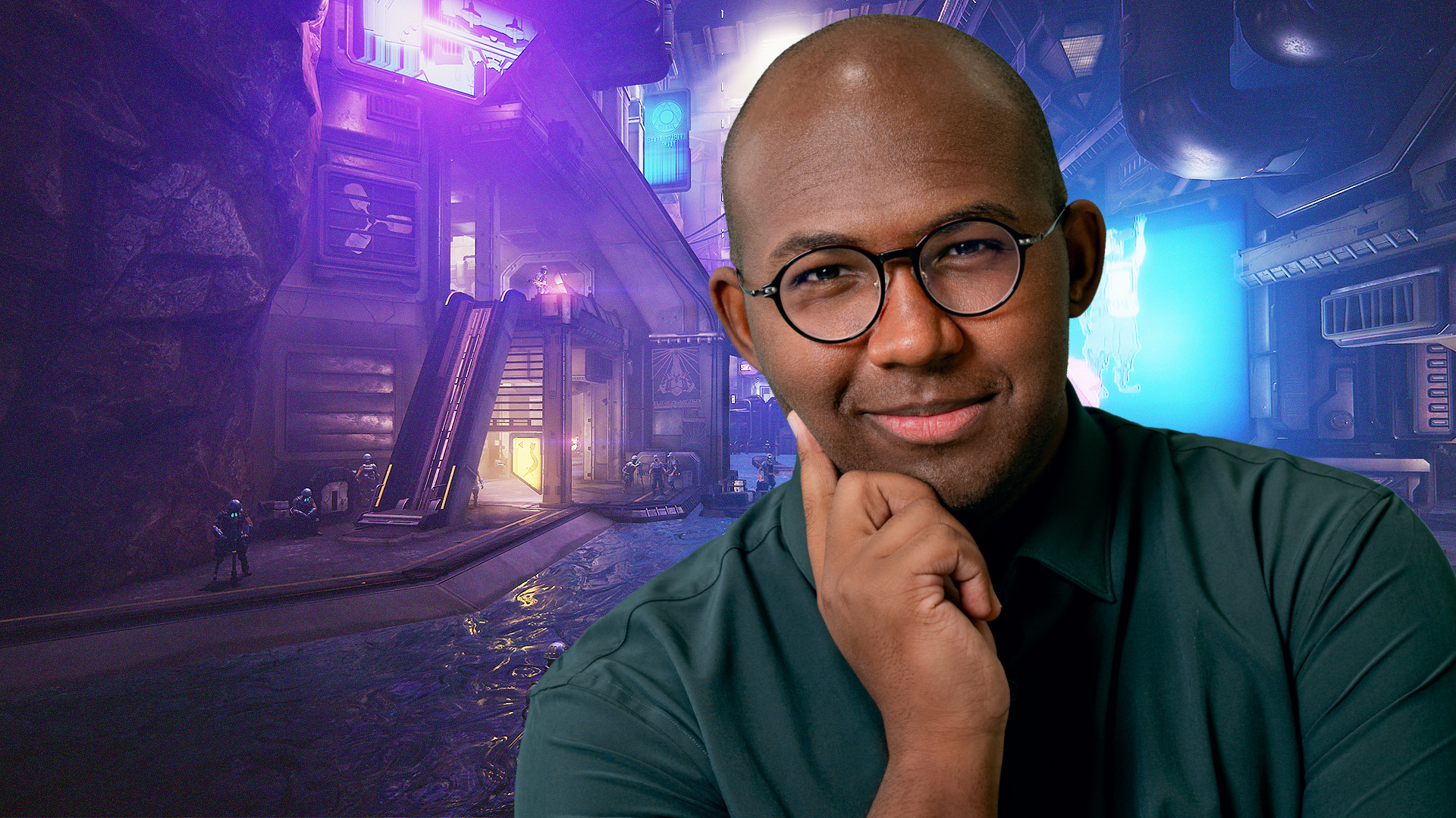 Xalavier Nelson Jr in front of a Warframe backdrop