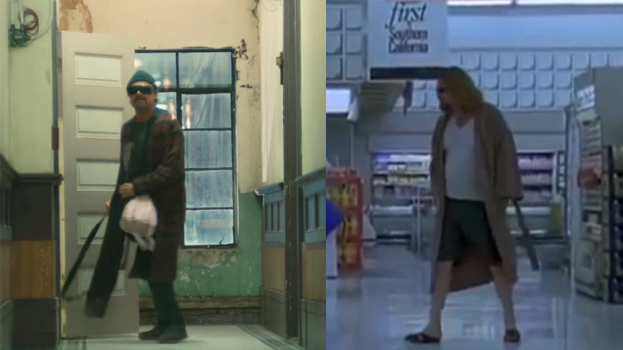 Side by side photos. Leonardo DiCaprio in a robe on the left, Jeff Bridges in a robe on the right