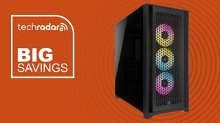 The Corsair 5000D PC case on an orange background with the text 'Big Savings'