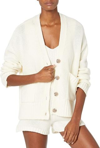 The Drop, The Drop Women's Brigitte Chunky Button Front Pocket Ribbed Cardigan, Whisper White, Xl