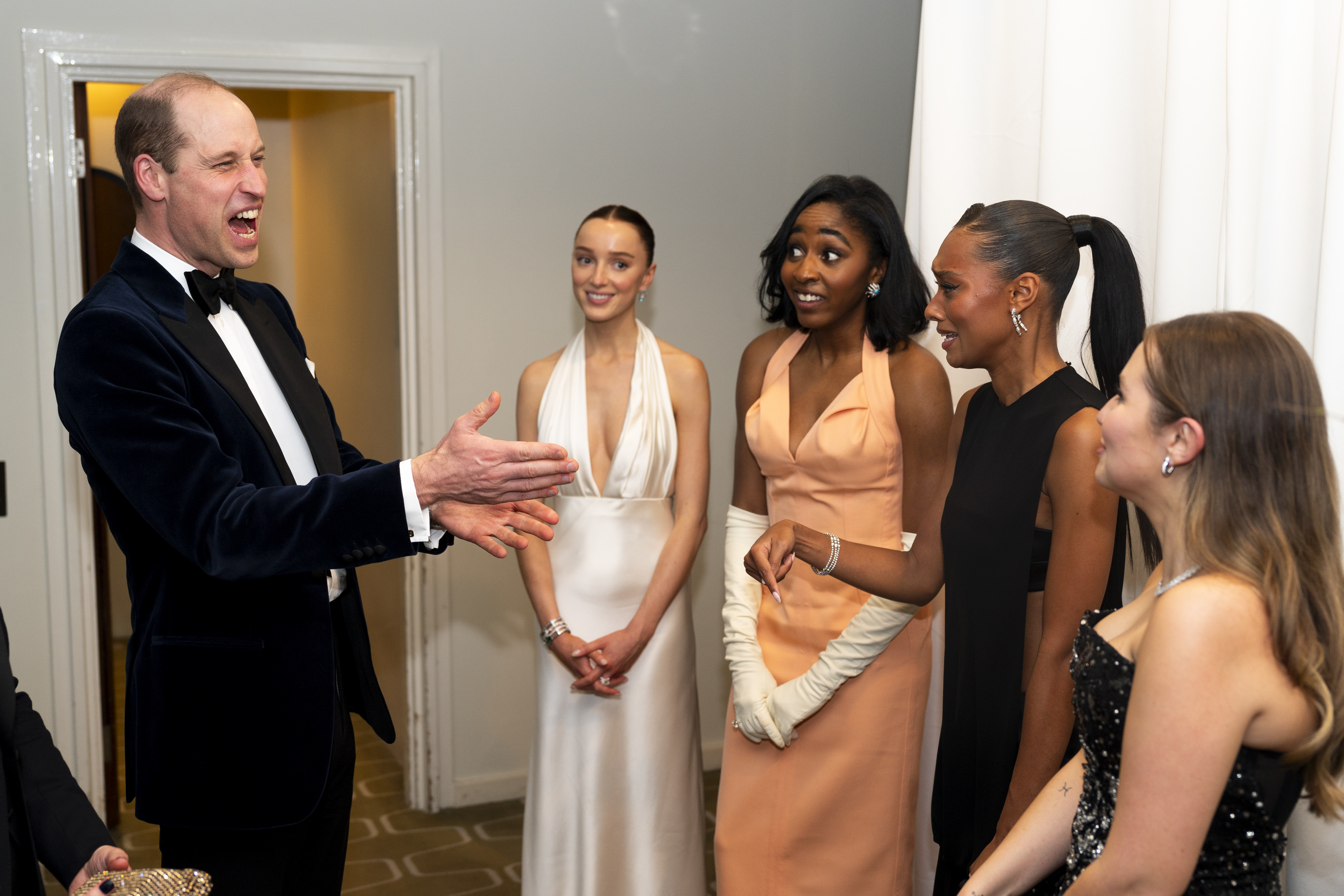 Prince William, Prince of Wales, president of Bafta meets EE Rising Stars Phoebe Dynevor, Ayo Edebiri, Sophie Wilde and Mia McKenna Bruce after the Bafta Film Awards 2024 at the Royal Festival Hall, Southbank Centre on February 18, 2024 in London, England.