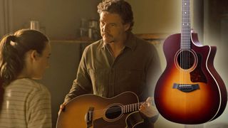 A composite photo combining a scene from The Last of Us and a photo of Taylor's Last of Us Replica 314c