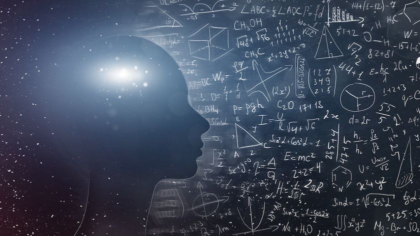 an illustration of the silhouette of a person&#039;s head with math equations behind them