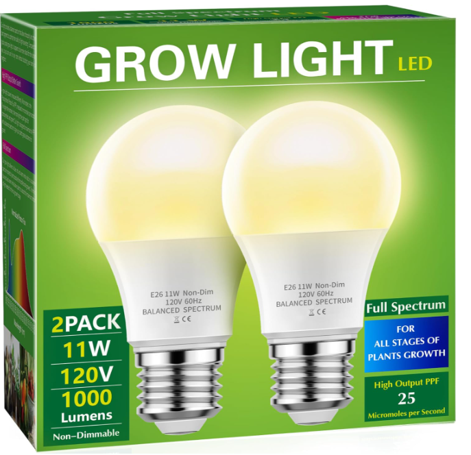 a product photo of a two pack of plant grow light lightbulbs