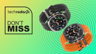 Two Samsung Galaxy Watch Ultras on a green background