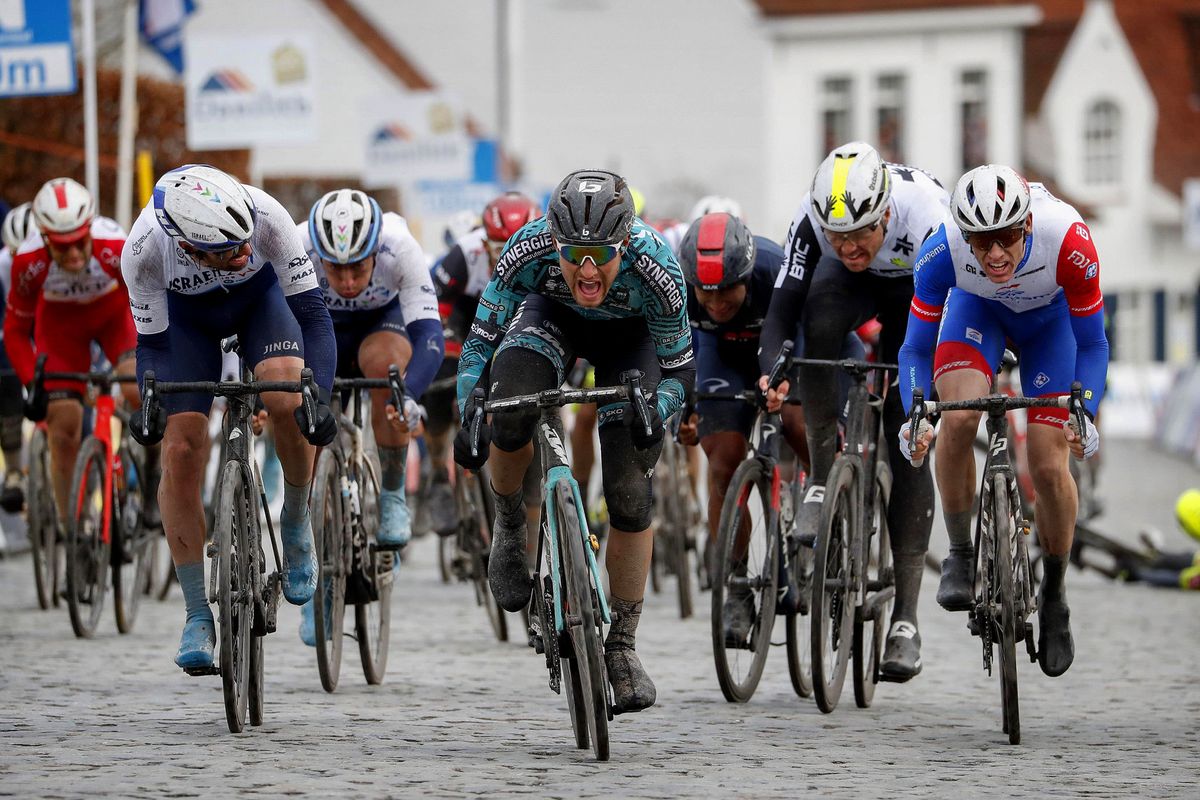 Danilith Nokere Koerse 2021 - 75th Edition - Deinze - Nokere 195 km - 17/03/2021 - Tom Van Asbroeck (BEL - Israel Start-Up Nation) - Luca Mozzato (ITA - B&amp;B Hotels P/B KTM) - photo Tim van Wichelen/CV/BettiniPhoto&Acirc;&copy;2021