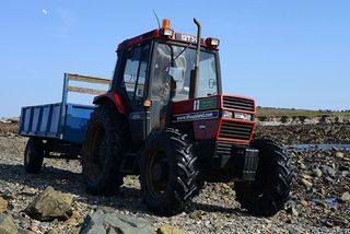 The warden's 'company car' - a tractor you'll need for crossing the causeway between Lihou Island and Guernsey