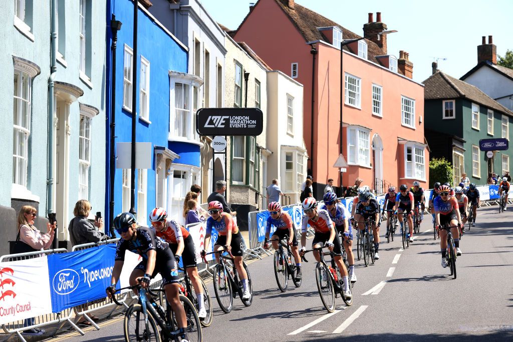 MALDON ENGLAND MAY 27 A general view of the peloton passing through Maldon City during the 6th RideLondon Classique 2023 Stage 2 a 1331km stage from Maldon to Maldon UCIWWT on May 27 2023 in Maldon England Photo by Stephen PondGetty Images