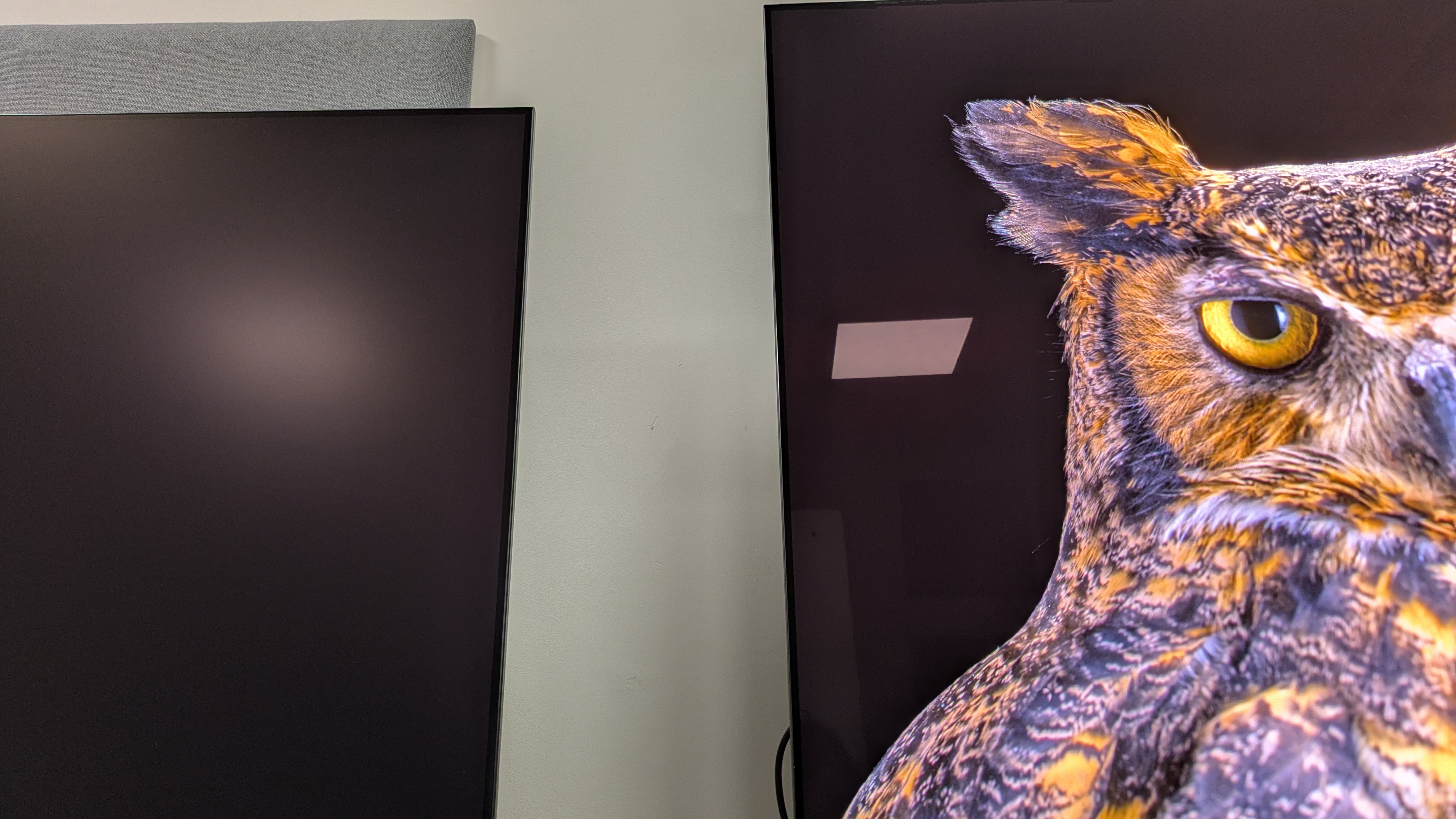 Samsung S95F (left) and Sony Bravia II (right) with overhead light reflections on screen