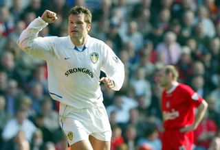 Mark Viduka celebrates after scoring for Leeds United against Liverpool, 2003