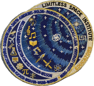 a mission patch showing a spacecraft above earth