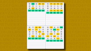 Quordle Daily Sequence answers for game 925 on a yellow background