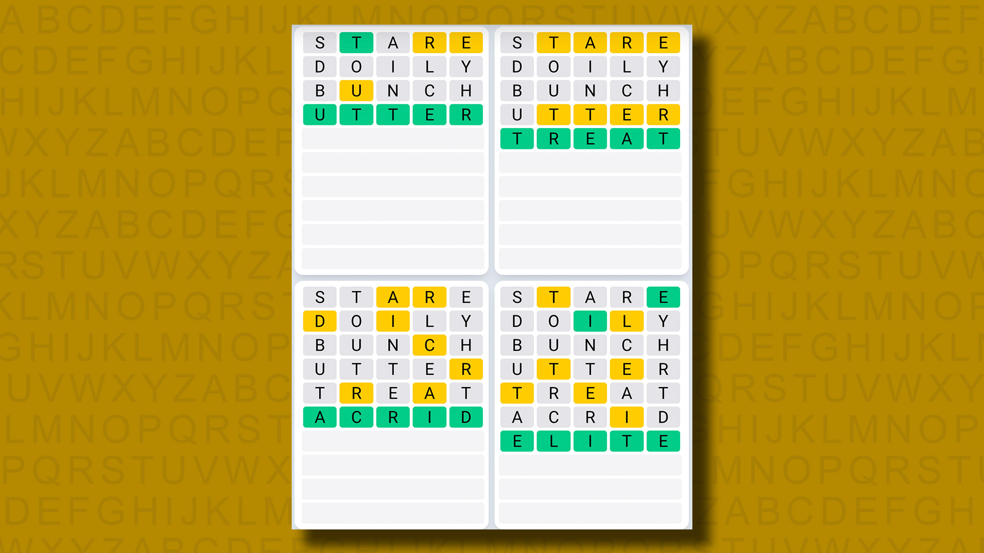 Quordle Daily Sequence Answers for Game 925 on a yellow background