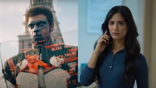 Mr. Terrific in the Superman movie looking at holographic display, and Sasha Bordeaux in Peacemaker talking on phone