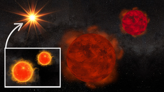 An illustration of a quadruple star system with two "failed star" brown dwarfs and two stars