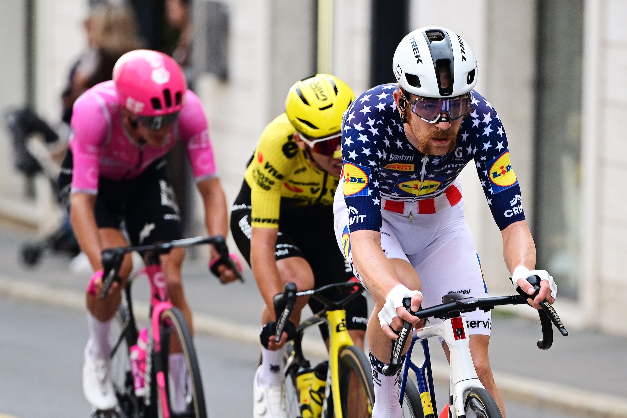 VARESE, ITALY - OCTOBER 06: Quinn Simmons of United States and Team Lidl - Trek attacks in the breakaway during the 105th Tre Valli Varesine 2026 a 196.1km one day race from Busto Arsizio to Varese on October 06, 2026 in Busto Varese, Italy. (Photo by Tim de Waele/Getty Images)