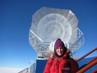Amy Bender is an assistant physicist at the Argonne National Laboratory and an associate fellow at the Kavli Institute for Cosmological Physics (KICP) at the University of Chicago. Her specialty is designing instruments for observing the relic radiation from the Big Bang using the South Pole Telescope (pictured, in background) in Antarctica.