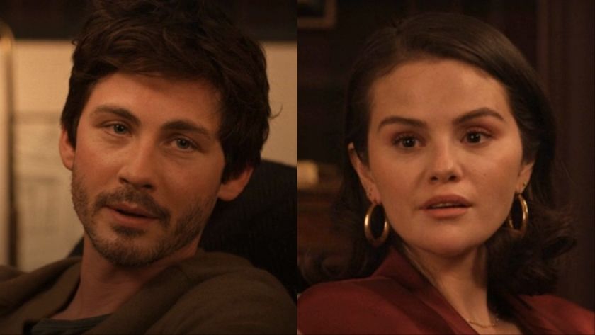 Logan Lerman and Selena Gomez talking to each other in Only Murders in the Building in episode 4 of Season 5 &quot;Dirty Birds&quot; 