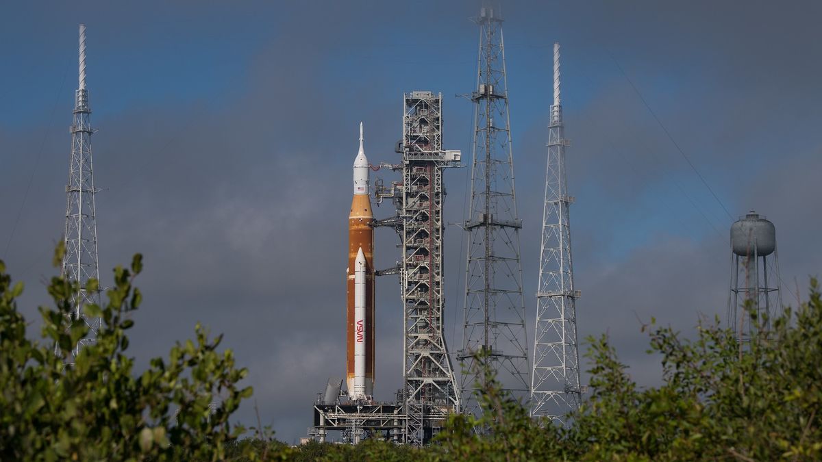 photograph of rocket on launch pad