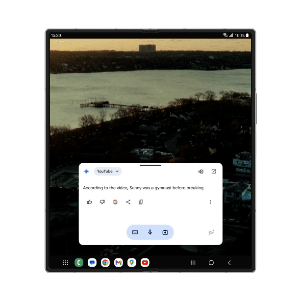 GIF of Google Gemini offering suggestions and splitview on Z Fold 6